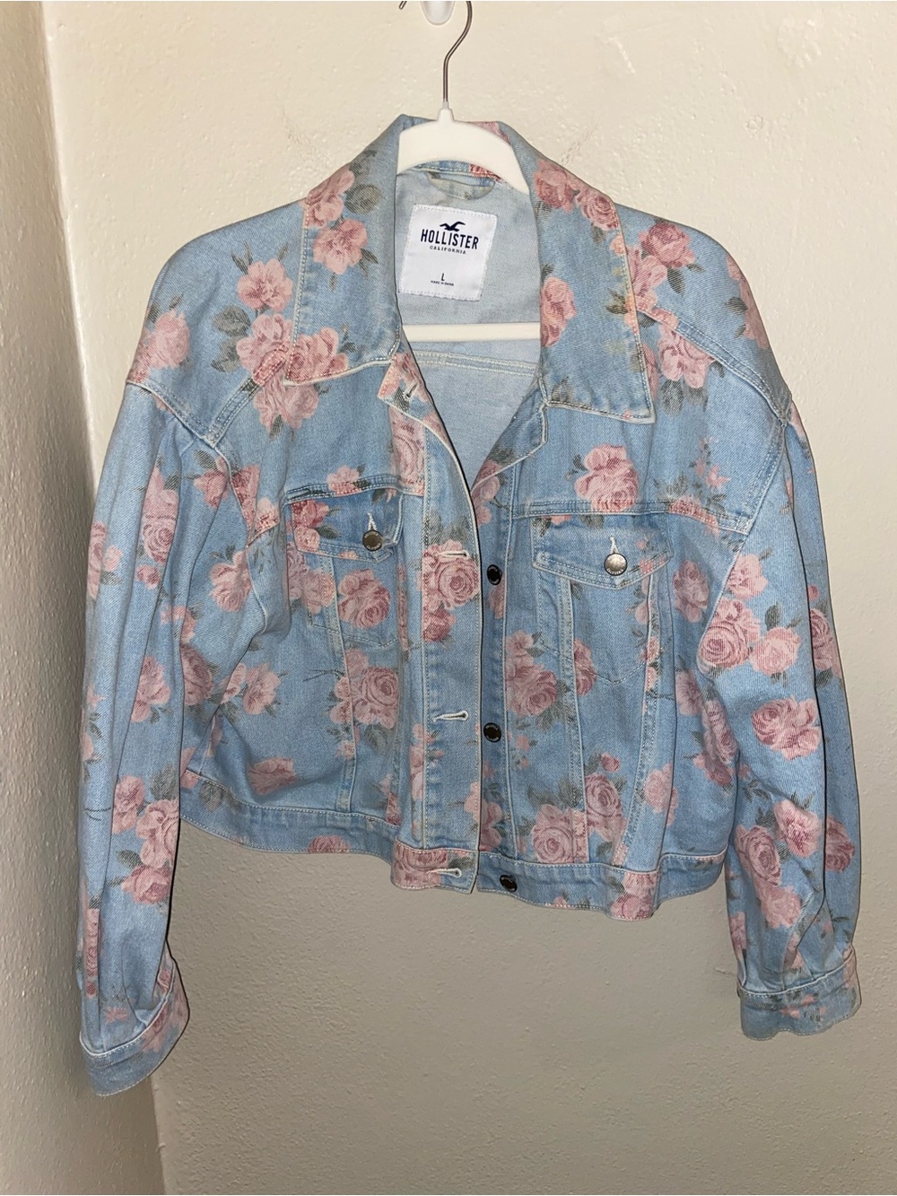 Hollister Light Blue Denim Jacket with Pink Rose Pattern